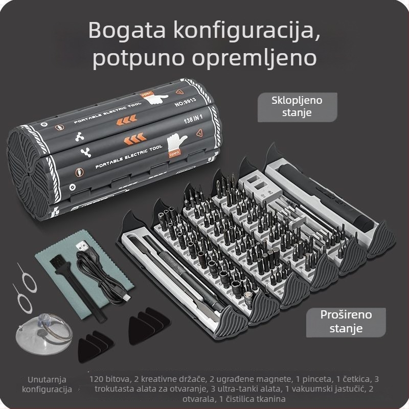 Električni precizni odvijač set 138-in-1 za demontažu, kućna upotreba, nadogradnja verzija sa 6-dijelnim skupom i tvrđenim bitovima, čelik od ugljika