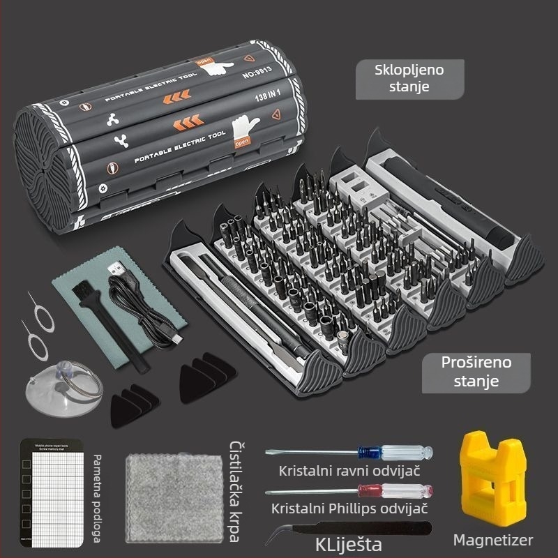 Električni precizni odvijač set 138-in-1 za demontažu, kućna upotreba, nadogradnja verzija sa 6-dijelnim skupom i tvrđenim bitovima, čelik od ugljika