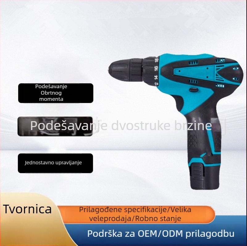 Bežična pištolna bušilica s litijskom baterijom, neprekidna regulacija brzine, samouzvršavajuće čeljusti, težina 1,8 kg