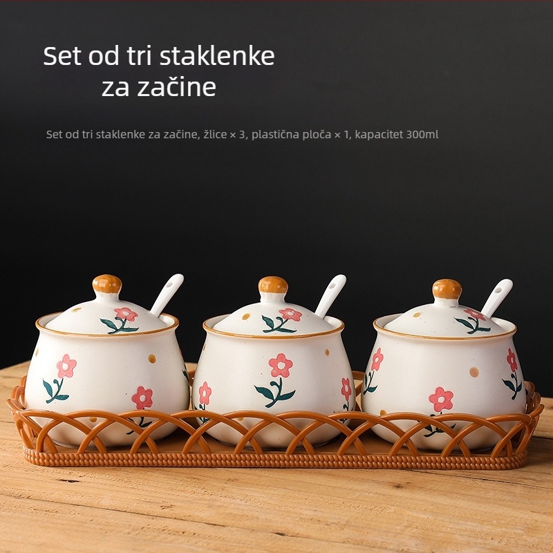 Long Yixuan Japanski stil mat keramički set posuda za začine s pladnjem, poklopcem i žlicom