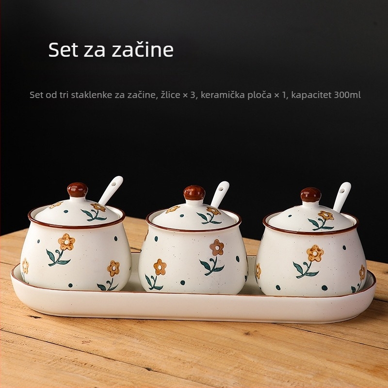 Long Yixuan Japanski stil mat keramički set posuda za začine s pladnjem, poklopcem i žlicom