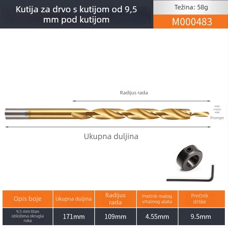 Titlovi ne mogu biti završeni: nedostaju specifične engleske tehničke karakteristike. Na temelju dostupnih podataka: HSS krokno bušilica s šesterokutnim držačem za drvo.