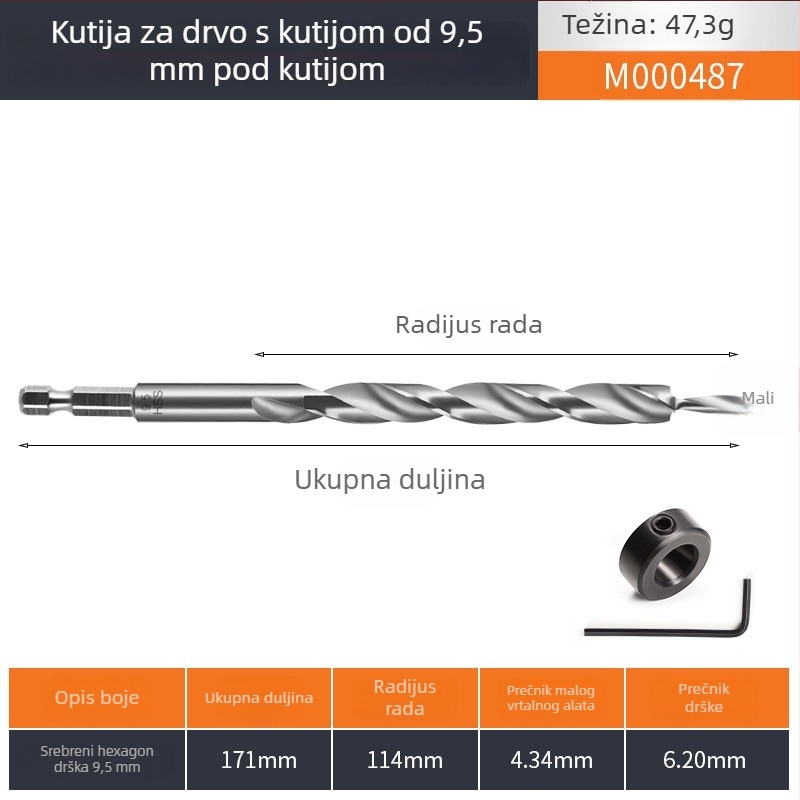 Titlovi ne mogu biti završeni: nedostaju specifične engleske tehničke karakteristike. Na temelju dostupnih podataka: HSS krokno bušilica s šesterokutnim držačem za drvo.
