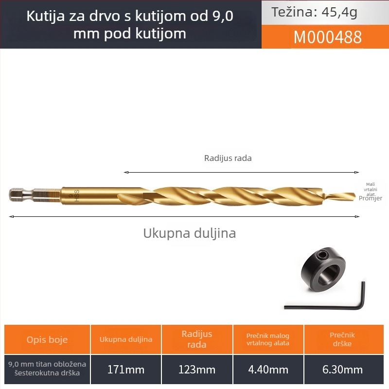 Titlovi ne mogu biti završeni: nedostaju specifične engleske tehničke karakteristike. Na temelju dostupnih podataka: HSS krokno bušilica s šesterokutnim držačem za drvo.