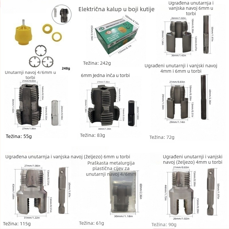 6-dijelni set die i tap za PVC/NPT, ručni, višestruke specifikacije, 60° konusni navoj za cijevi