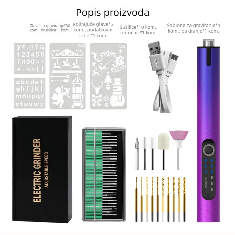 Električna graviranja olovka s osvjetljenjem – Kangrun A288A, punjiva Li‑ion baterija 3,7V, tri brzine, uključuje kabel za punjenje i predložak