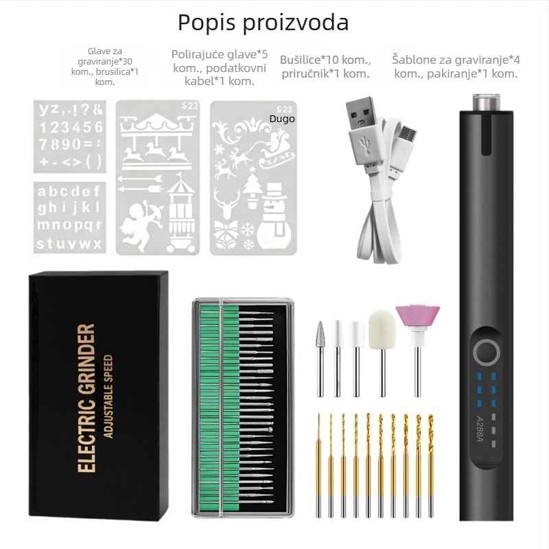 Električna graviranja olovka s osvjetljenjem – Kangrun A288A, punjiva Li‑ion baterija 3,7V, tri brzine, uključuje kabel za punjenje i predložak