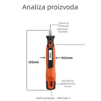 Ručna ravna brusilica za poliranje, Punjiva litijska baterija, 3.7V, neprekidna regulacija brzine, 15 dodataka