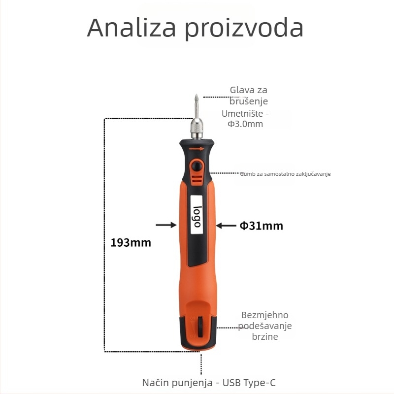 Ručna ravna brusilica za poliranje, Punjiva litijska baterija, 3.7V, neprekidna regulacija brzine, 15 dodataka