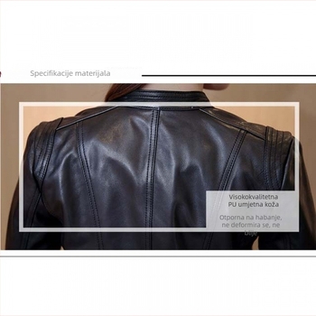Ženska PU kožna jakna, uski kroj, stojeći ovratnik, zip, kratka duljina
