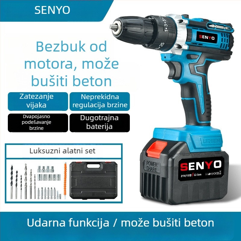 Bežični čekić-odvijač s pištolom – 3 funkcije (udar, uvrtanje, ravno bušenje), neprekidna regulacija brzine, trodjelna čeljusti, za kućnu upotrebu (drvo/metal/beton); četkasti motor, Li-ion baterija, 1 godina jamstva.