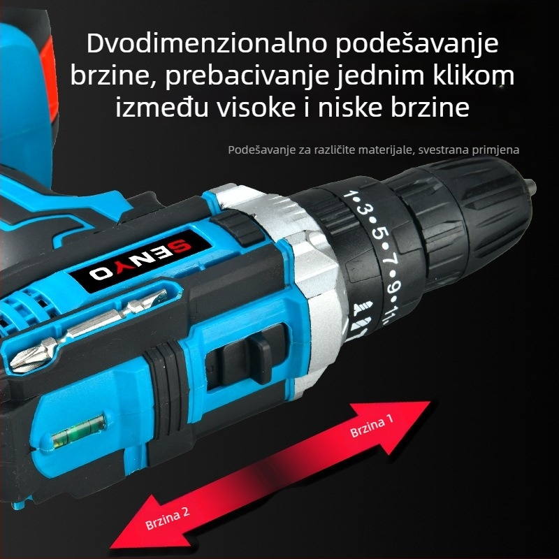 Bežični čekić-odvijač s pištolom – 3 funkcije (udar, uvrtanje, ravno bušenje), neprekidna regulacija brzine, trodjelna čeljusti, za kućnu upotrebu (drvo/metal/beton); četkasti motor, Li-ion baterija, 1 godina jamstva.