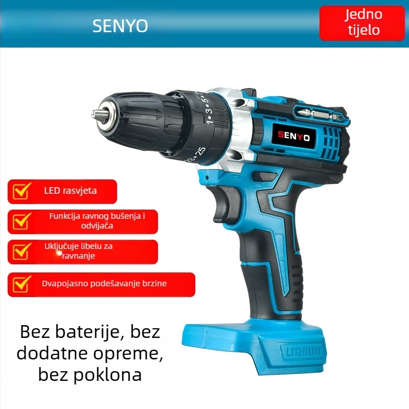 Bežični čekić-odvijač s pištolom – 3 funkcije (udar, uvrtanje, ravno bušenje), neprekidna regulacija brzine, trodjelna čeljusti, za kućnu upotrebu (drvo/metal/beton); četkasti motor, Li-ion baterija, 1 godina jamstva.