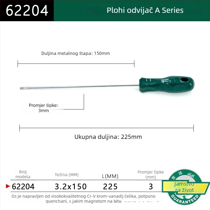 Ploški odvijač s plastičnim držajem, serija A, model 62202-222, krom-vanadijeva čelika, snažan magnet