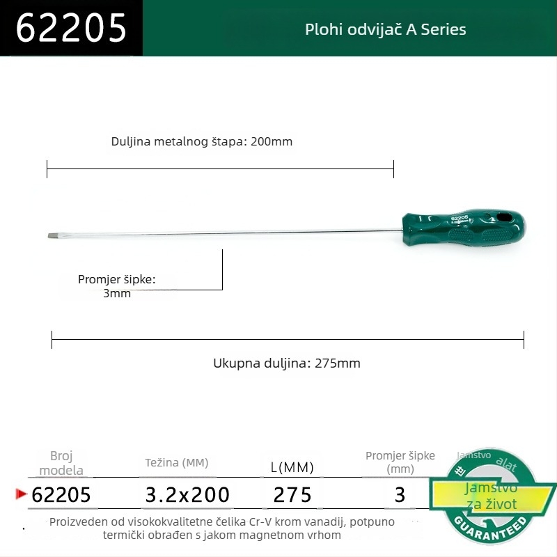 Ploški odvijač s plastičnim držajem, serija A, model 62202-222, krom-vanadijeva čelika, snažan magnet