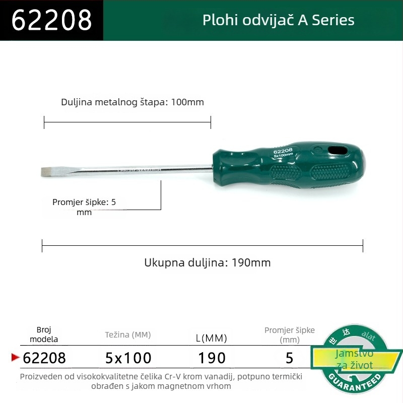 Ploški odvijač s plastičnim držajem, serija A, model 62202-222, krom-vanadijeva čelika, snažan magnet