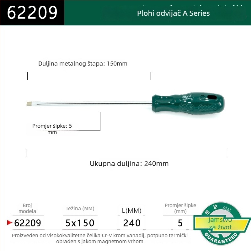 Ploški odvijač s plastičnim držajem, serija A, model 62202-222, krom-vanadijeva čelika, snažan magnet