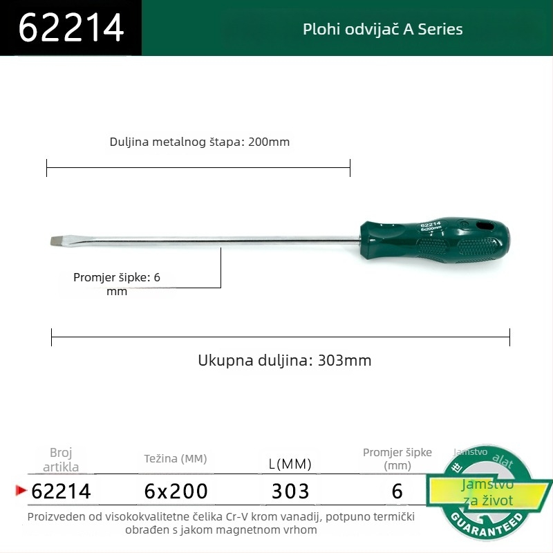 Ploški odvijač s plastičnim držajem, serija A, model 62202-222, krom-vanadijeva čelika, snažan magnet