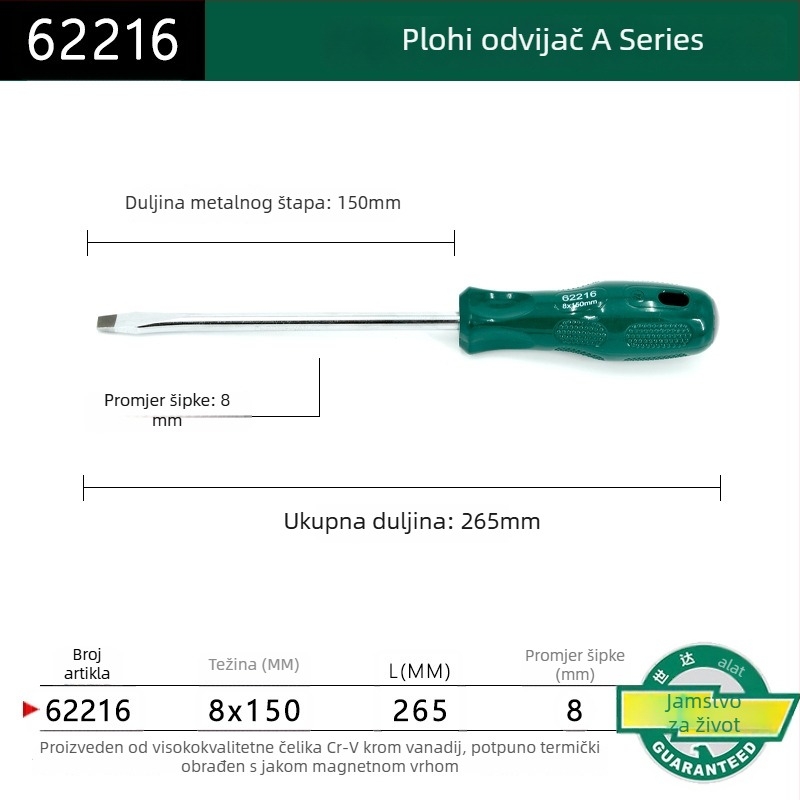 Ploški odvijač s plastičnim držajem, serija A, model 62202-222, krom-vanadijeva čelika, snažan magnet