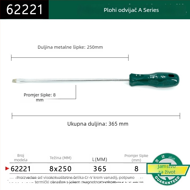 Ploški odvijač s plastičnim držajem, serija A, model 62202-222, krom-vanadijeva čelika, snažan magnet