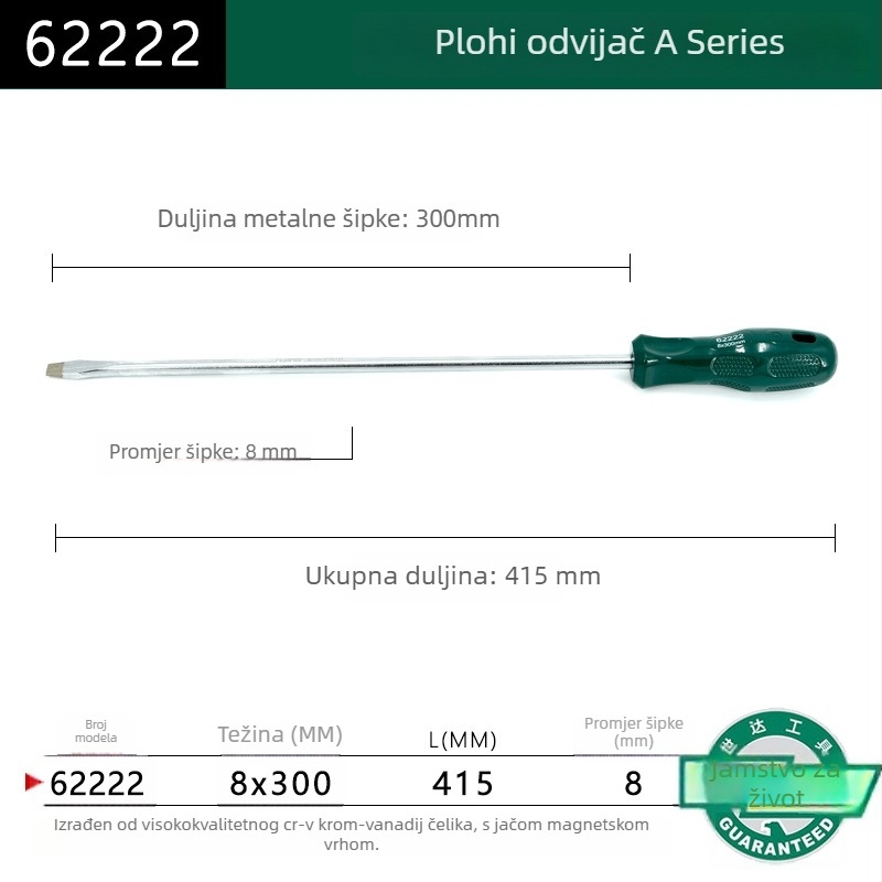 Ploški odvijač s plastičnim držajem, serija A, model 62202-222, krom-vanadijeva čelika, snažan magnet
