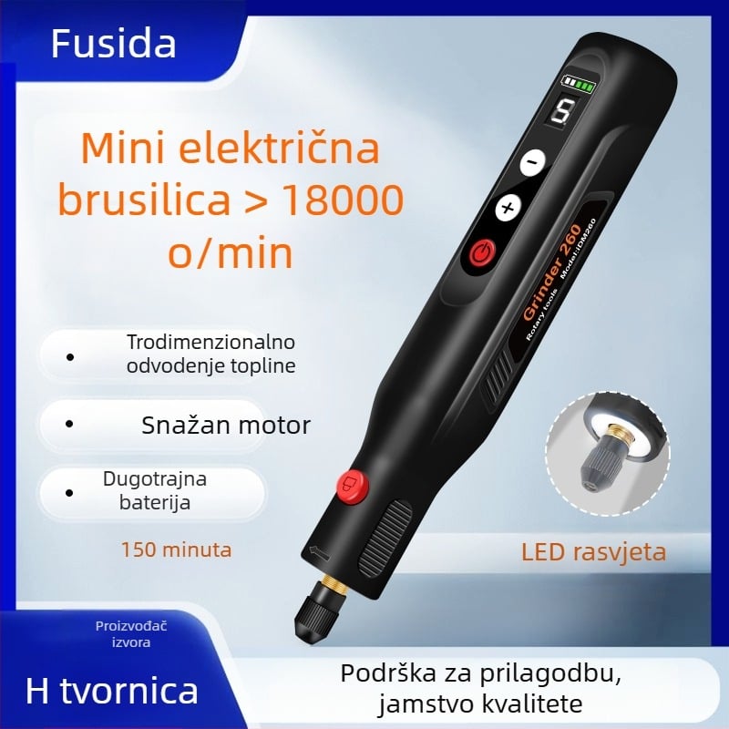 Mini ručni električni brus sa pet brzina, LED prsten svjetla, USB podatkovni kabel, punjiva Li-ion baterija 3,7–5V (2000mAh)