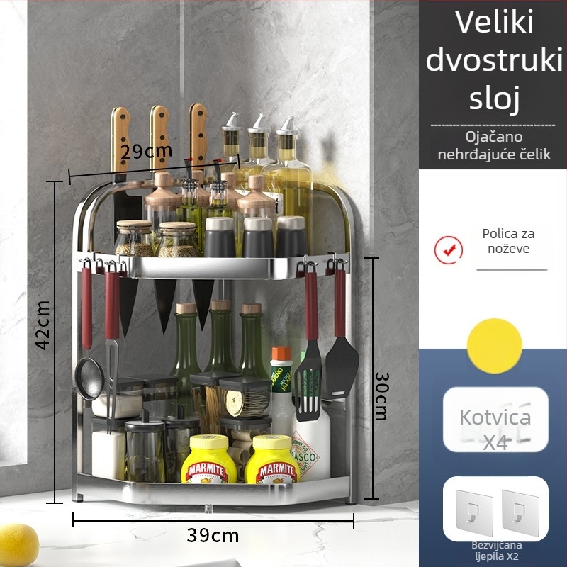Nehrđajući kuhinjski stalak – višeslojni kutni stalak, podni, bez rupa, stalak za začine