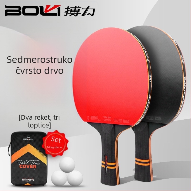Boli A12 reketa za stolni tenis s antiadhezivnom gumom, za početnike — set od dvije rekete i tri lopte, sedmeroslojno topolovo drvo