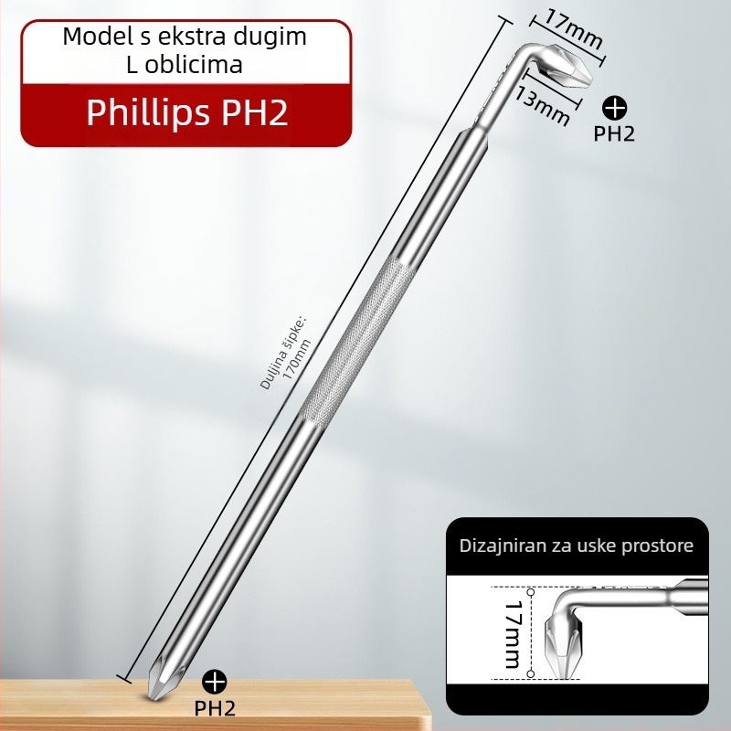 Dane kutni odvijač, magnetski, Z- i L-oblik, s krížnim (Phillips) i šesterokrnim (Allen) bitovima, 90° zavoj, Cr-V čelik