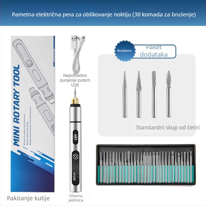 Xrd Mini električni brus za manikuru s punjivom litijskom baterijom, 5V, 3-brzinska gravirajuća olovka