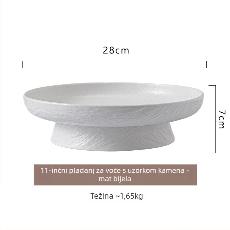 Keramički okrugli pladanj za posluživanje s visokim nogicama; pogodan za čaj i međuobroke, voće i deserte; stil: moderan minimalistički; materijal: keramika; oblik: kružni; površina: podglazirana završna obrada.