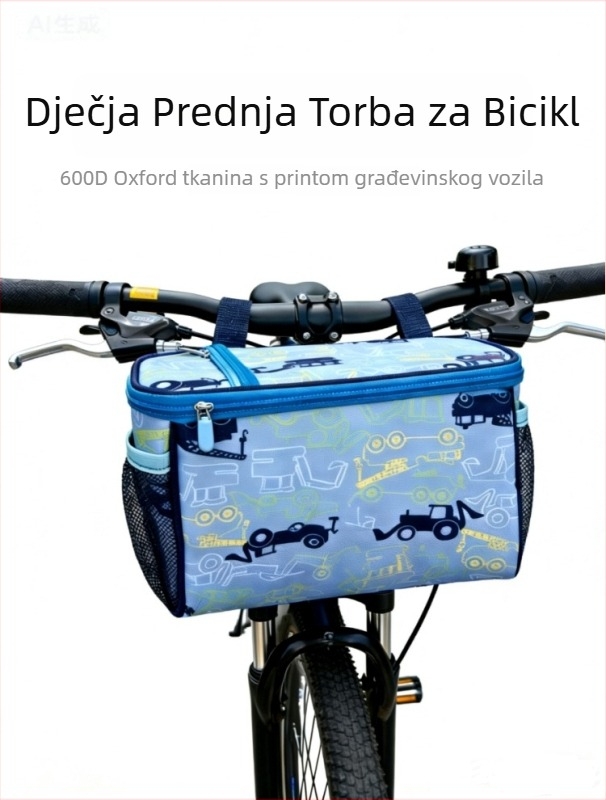 Dječja torbica za upravljač bicikla — Crtani motiv građevinskog stroja, Oxford tkanina, unutarnja podstava, Model 251229, skladištenje i otporno na habanje