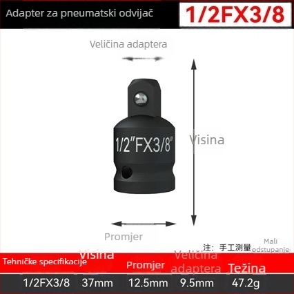 Teški adapter za utičnicu s četvrtastim pogonom – visoko ugljični čelik, fosfatni premaz, 0,3 kg