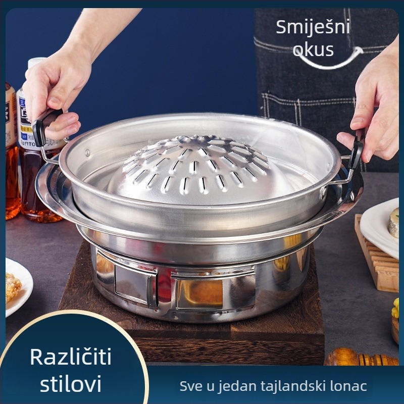 Smiling okrugli aluminijski roštilj na ugljen s integriranim Thai hot potom, jednostavan za čišćenje