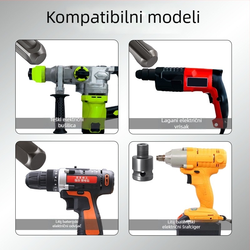 Univerzalni adapter za električni bušač s kvadratnim i kružnim osovinama, hex ključ, 1/2-inčni pogon