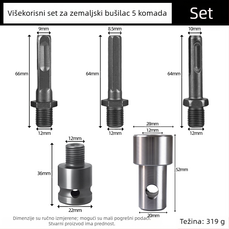 Univerzalni adapter za električni bušač s kvadratnim i kružnim osovinama, hex ključ, 1/2-inčni pogon