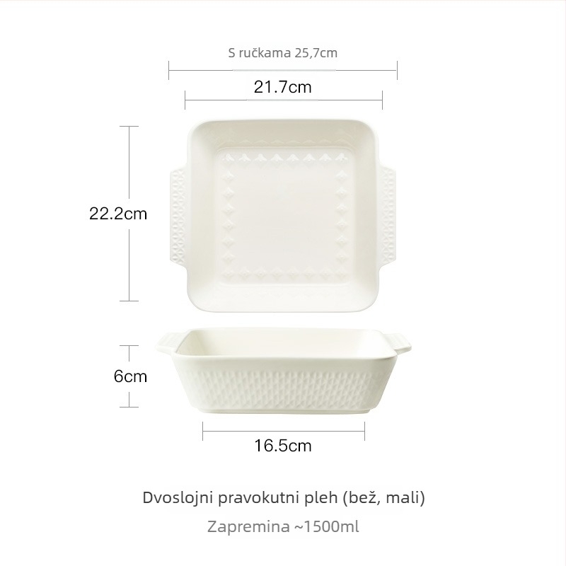 Porcelanski pravokutni posuda za pečenje s dvostrukim držačima, nordijski stil, jednobojni uzorak