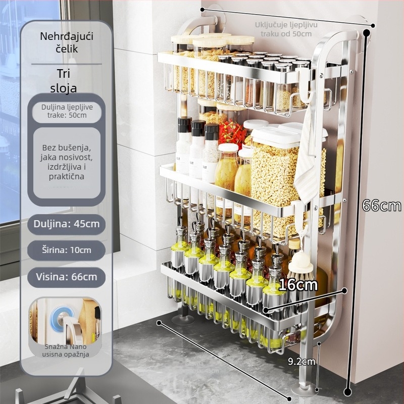 Stalak za začine u kuhinji - uski rub, za ploču ili zidni montažu, od ugljičnog čelika, bez bušenja