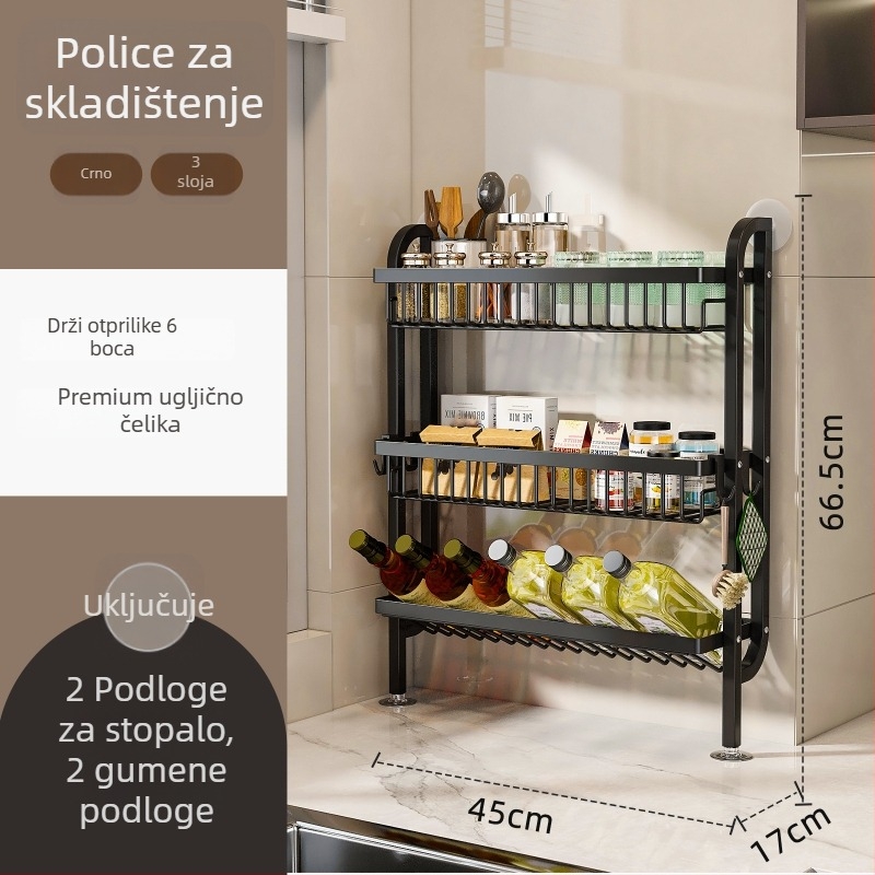 Stalak za začine u kuhinji - uski rub, za ploču ili zidni montažu, od ugljičnog čelika, bez bušenja