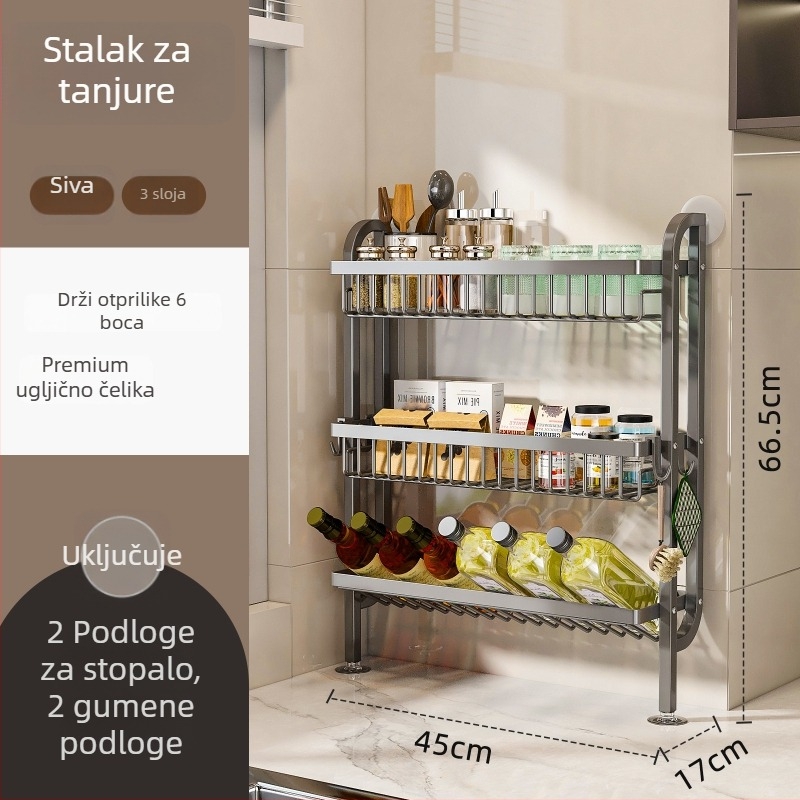 Stalak za začine u kuhinji - uski rub, za ploču ili zidni montažu, od ugljičnog čelika, bez bušenja