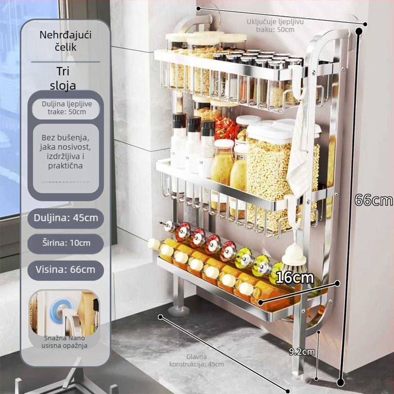 Stalak za začine u kuhinji - uski rub, za ploču ili zidni montažu, od ugljičnog čelika, bez bušenja