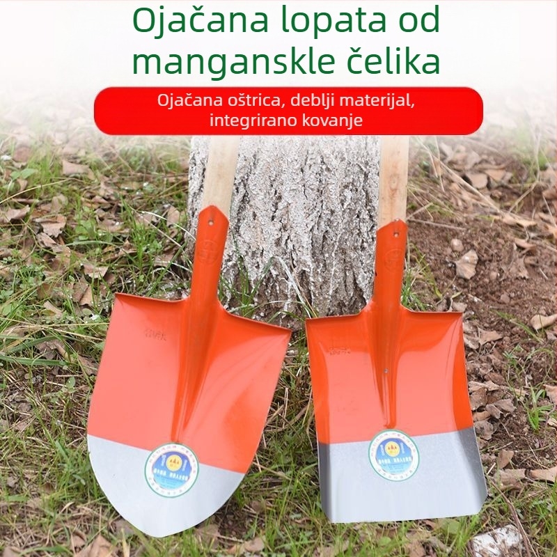 Lopata od mangan čelika, drvena drška, čvrsta konstrukcija, glava kvadratno plosnata s oštrim vrhom, za ugljen i vrtlarstvo