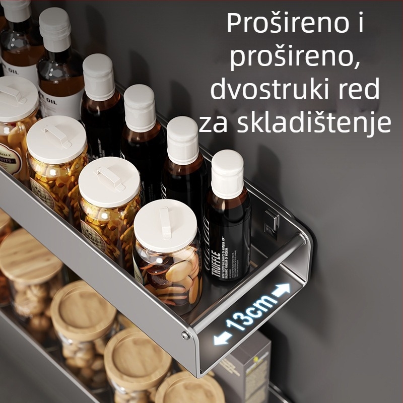 Kuhinjski zidni stalak s držačem noža i policom za začine, montaža bez bušenja, od karbonskog čelika, višenamjenski