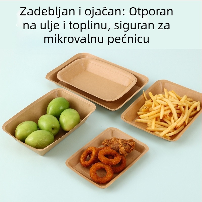Kraft papir pravokutna jednokratna tanjura za roštilj, pomfrit i grickalice (Materijal: kraft papir; Oblik: pravokutni; Biodegradabilno: da; Personalizacija: tisak logotipa dostupan; Pakiranje: 1000 kom)