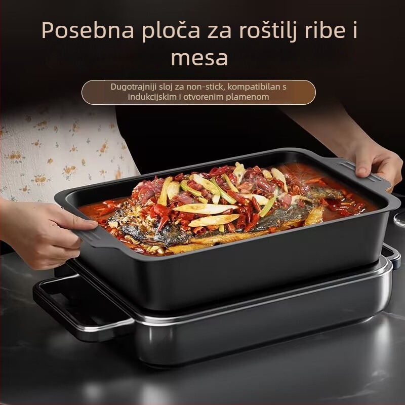 Ploča za roštilj za ribu od ugljičnog čelika, prugasti uzorak, kvadratni oblik, površina od jednog komada, nije pogodna za mikrovalnu pećnicu