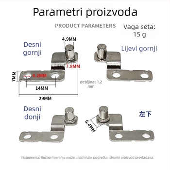 Os za vrata, gornja i donja; nehrđajući čelik; NdFeB obrađena; za ormarice i prozore