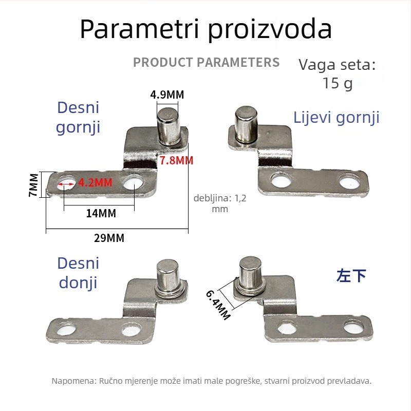 Os za vrata, gornja i donja; nehrđajući čelik; NdFeB obrađena; za ormarice i prozore