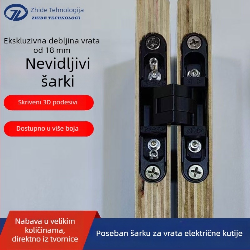 3D-regulirani šarkač za drvena vrata i sklopiva/nevidljiva vrata; cinkov legura; završna obrada: sprej boja/elektroforeza; 180° otvor; nosivost do 12 kg uz dvije šarke