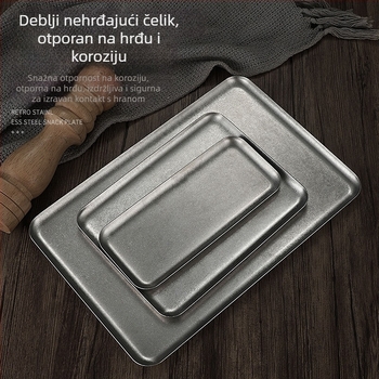 Vintage pravokutni tanjur od nehrđajućeg čelika, industrijski retro stil, jednofarban uzorak, pogodan za mikrovalnu