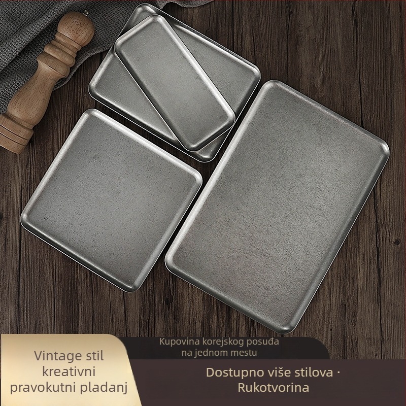 Vintage pravokutni tanjur od nehrđajućeg čelika, industrijski retro stil, jednofarban uzorak, pogodan za mikrovalnu